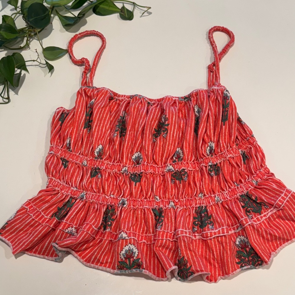 Smocked Floral Tank Free People Dolce Vita Red Ruffle Crop Top Boho Cotton M - Picture 3 of 8